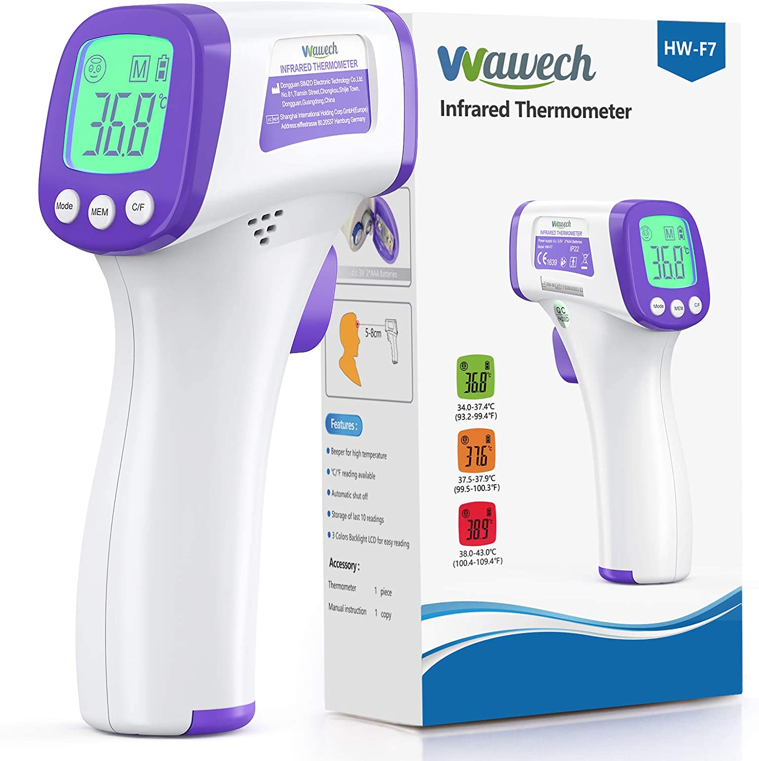 Wawech Thermomètre Frontal, Thermomètre Médical Frontal avec Affichage LCD